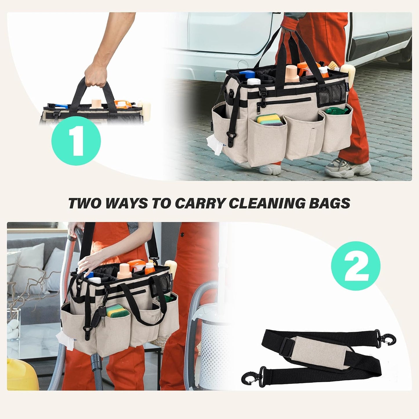 IBVIVIC Wearable Cleaning Caddy Bag for Cleaning Supplies, Black | Cleaning Organizer Tote Bag with Handle & Shoulder Straps Kitchen Cleaning Supplies Storage Bag for Cleaners & Housekeepers