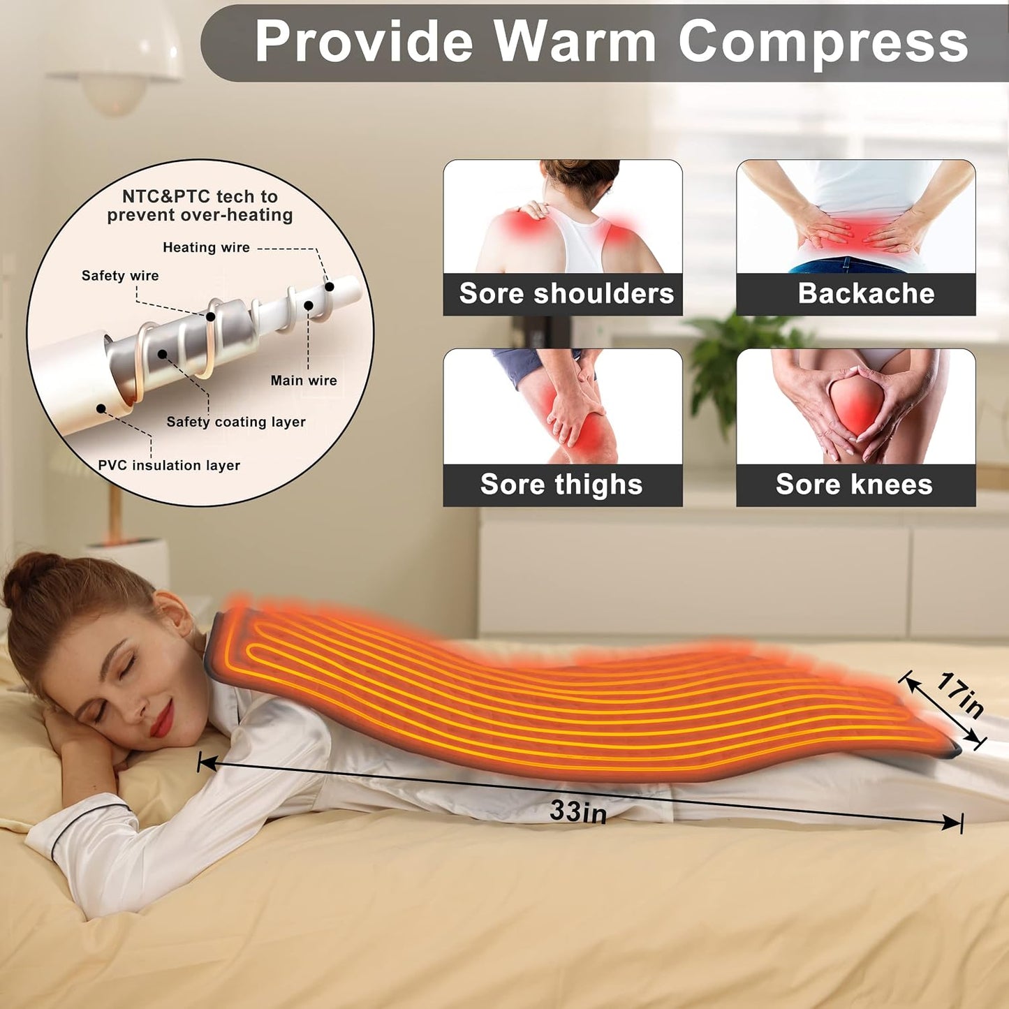 Heating Pad Electric Heat Pad, Hot Heated Pad,Multiple Temp and Timer Settings,Suitable for Shoulders, Neck, arms, Abdomen, Back, Legs, etc. (Gray Green, 24"X12")
