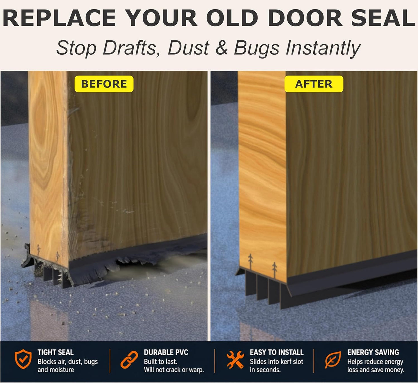 [2 Pack] 36 Inch Exterior Door Sweep with Vinyl Fins – Under Door Weather Stripping Seal for Exterior Doors with Kerf Track | Bottom Door Seal Strip | Draft Stopper & Rodent Proof (Brown)