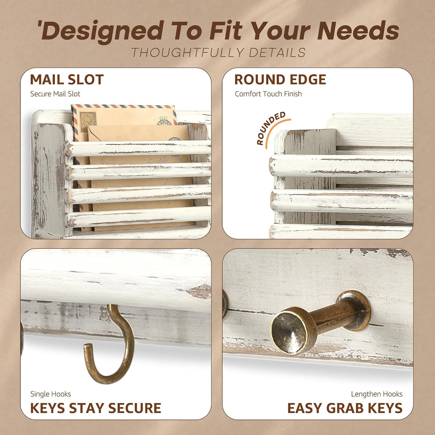 Rebee Vision Key Holder Wall Mount with Mail Slot for Entryway, Retro Brown | Pine Wood, Key Holder for Wall, 8 Hooks for Dog Leashes, Floating Shelf, Mail Sorter, New Home Essentials, Entryway Storage
