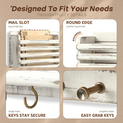 Rebee Vision Key Holder Wall Mount with Mail Slot for Entryway, Retro Brown | Pine Wood, Key Holder for Wall, 8 Hooks for Dog Leashes, Floating Shelf, Mail Sorter, New Home Essentials, Entryway Storage