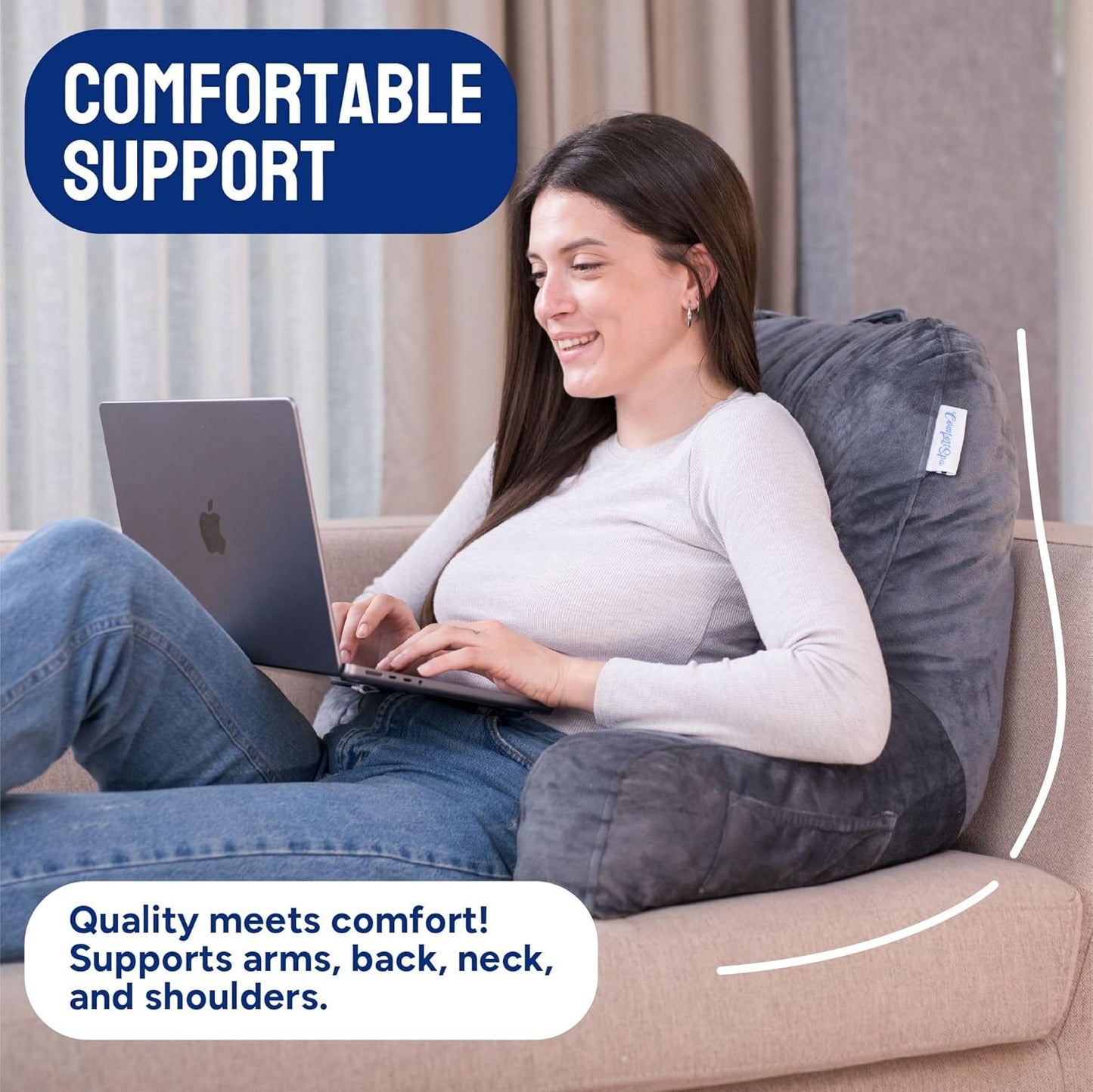 Reading Pillow for Bed with Arms Pockets for Adults, Large Grey | Bed Pillow for Sitting Up for Nursing, Breast Feeding, Bedrest or Relief from GERD or Heartburn; Removable, Washable Cover