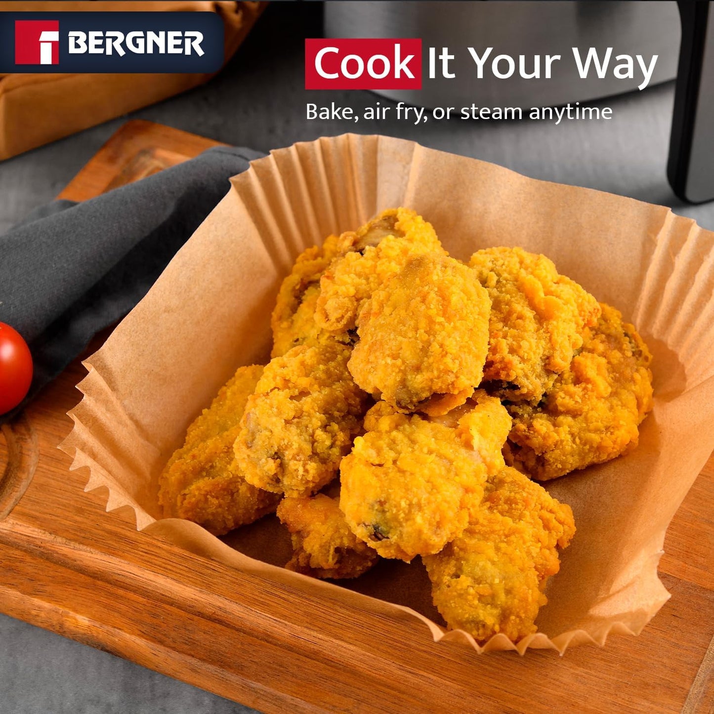 Bergner 125-Count Square Air Fryer Liners 8 Inch - Non-Stick Disposable Parchment Paper, Oil & Grease Resistant Heat Safe Baking Sheets for Air Fryer, Oven & Steamer