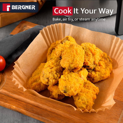 Bergner 125-Count Square Air Fryer Liners 8 Inch - Non-Stick Disposable Parchment Paper, Oil & Grease Resistant Heat Safe Baking Sheets for Air Fryer, Oven & Steamer