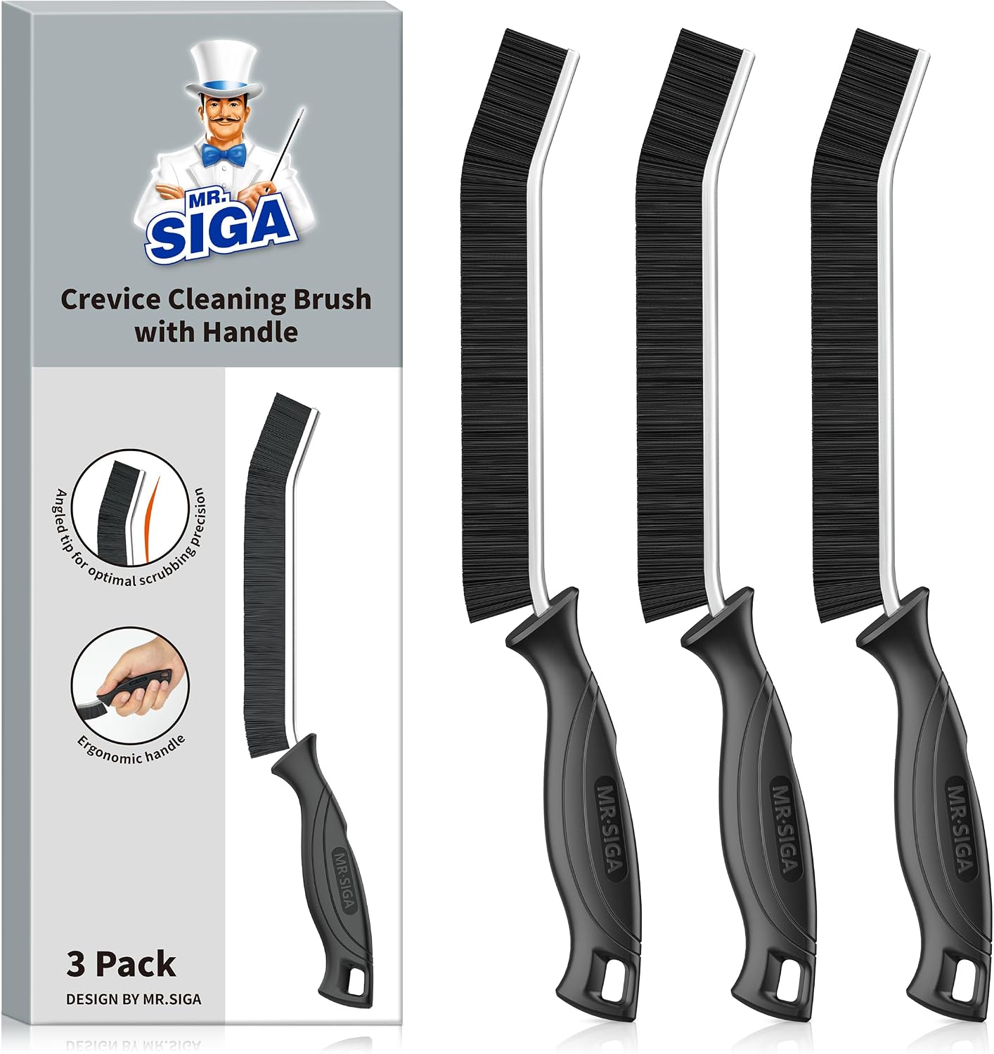 MR.SIGA Crevice Cleaning Brush, Grout Scrub Brush for Corners, Tight Spaces | Hard bristles, Heavy duty and flexible, for deep cleaning of hard to reach areas of kitchen and bathroom, 3 pack, black