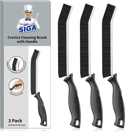 MR.SIGA Crevice Cleaning Brush, Grout Scrub Brush for Corners, Tight Spaces | Hard bristles, Heavy duty and flexible, for deep cleaning of hard to reach areas of kitchen and bathroom, 3 pack, black