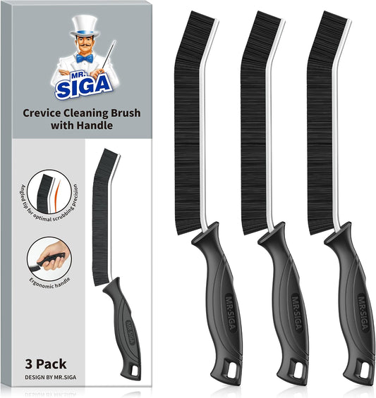 MR.SIGA Crevice Cleaning Brush, Grout Scrub Brush for Corners, Tight Spaces | Hard bristles, Heavy duty and flexible, for deep cleaning of hard to reach areas of kitchen and bathroom, 3 pack, black