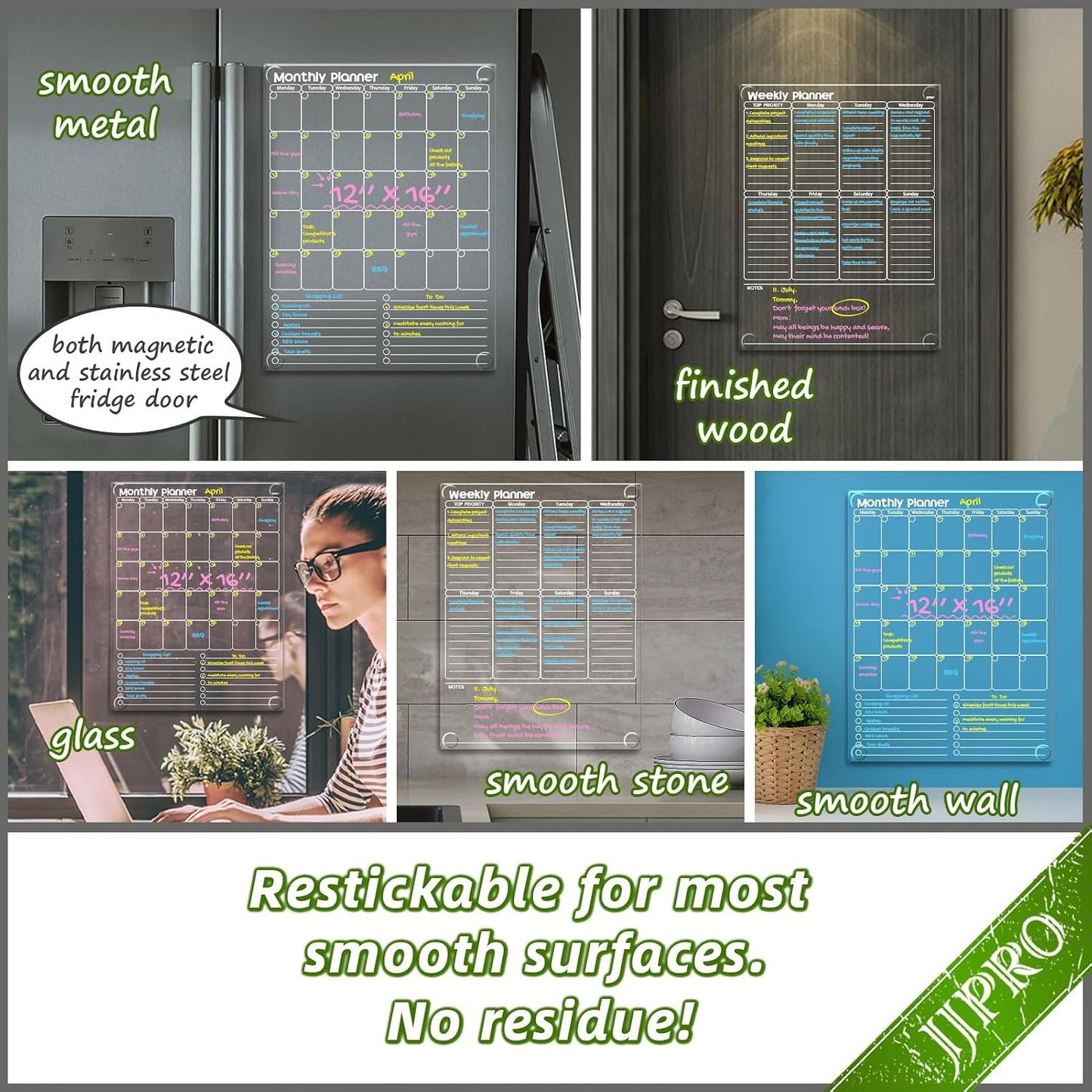 JJPRO Non-Magnetic Dry Erase Monthly Calendar, Clear Weekly Meal Board for Fridge -Starts Sunday,12"x16" Reusable Weekly Planner Stick to Fridge,Wall, All Smooth Surfaces