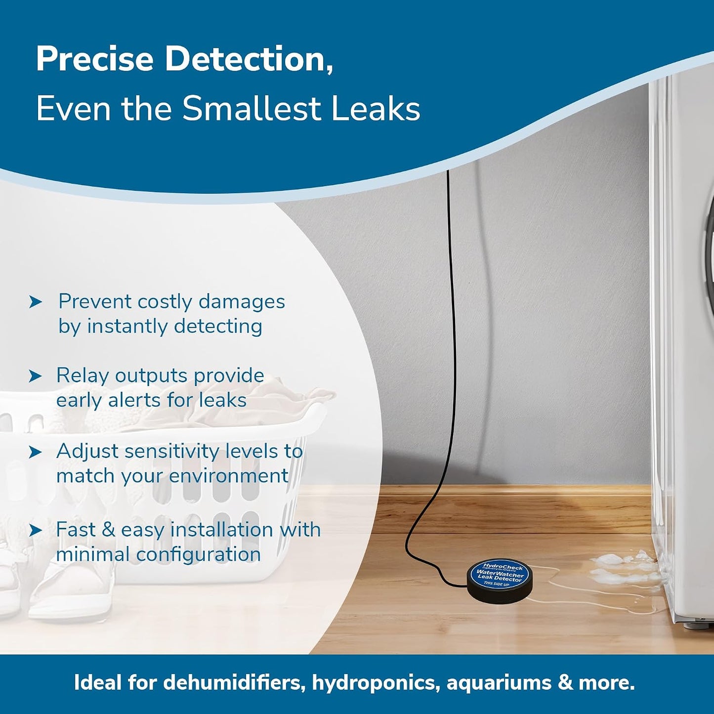 Water Sensor Alarm, Smart Water Leak Detector for Home & Basements | Made in THE USA | Automatic Flood Detectors and Water Alarm, Pure Water Capable (WaterWatcher)