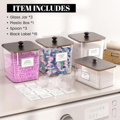HomePekite Laundry Pods Storage Container, Clear Laundry Room Organization and Storage ,Detergent Powder Container,with Wooden Lids & Labels, 3+1 Pack