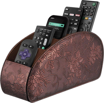 SITHON Remote Control Holder with 5 Compartments | PU Leather Remote Caddy Desktop Organizer Store TV, DVD, Blu-Ray, Media Player, Heater Controllers, Stripe Black