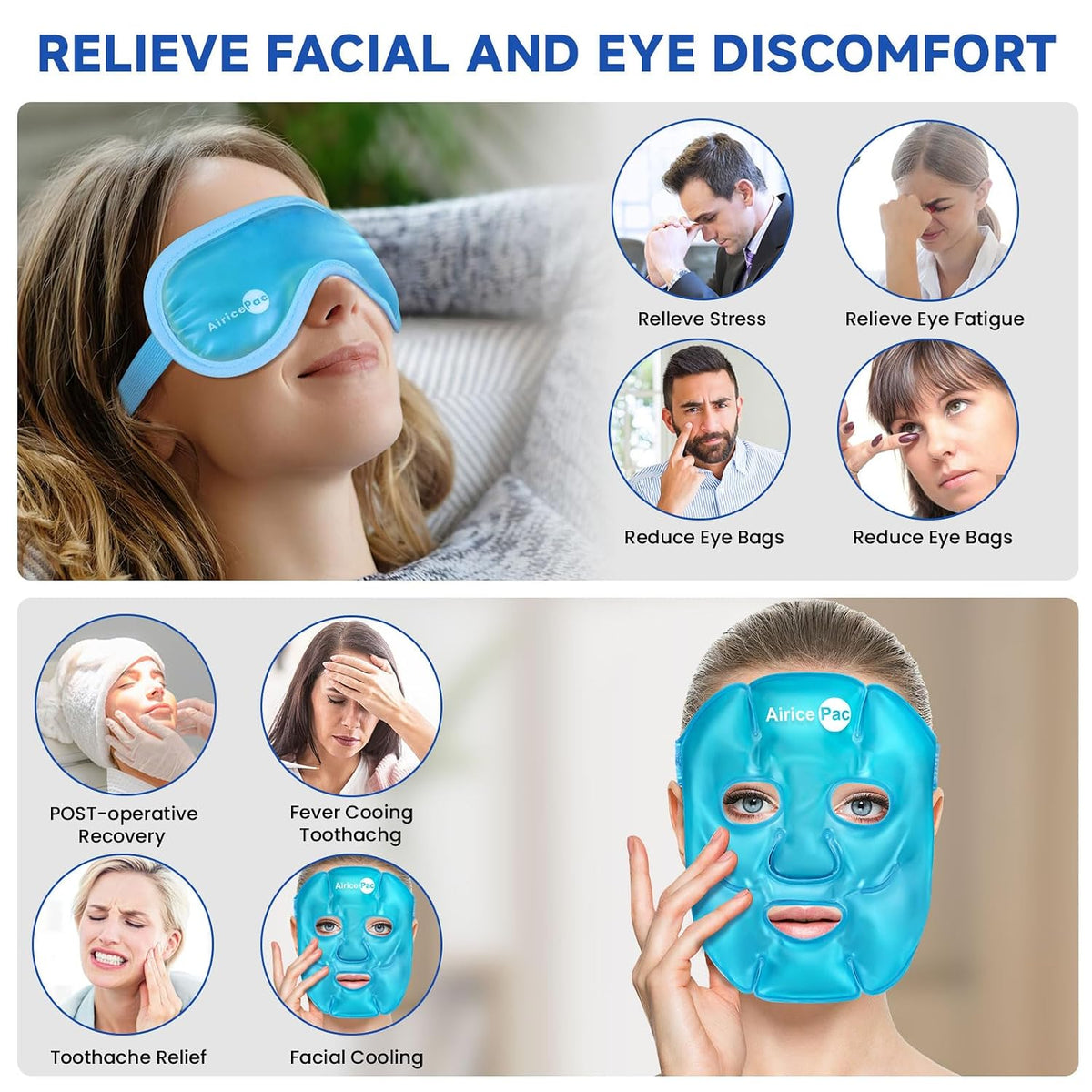 AiricePac Colding Ice Face Mask and Cooling Eye Mask for Puffy Eyes & Migraine Relief, Gel Eye Mask, Cool Face Masks for Dark Circles, Eye Surgery, Sleeping, Pressure, Headaches, Skin Care