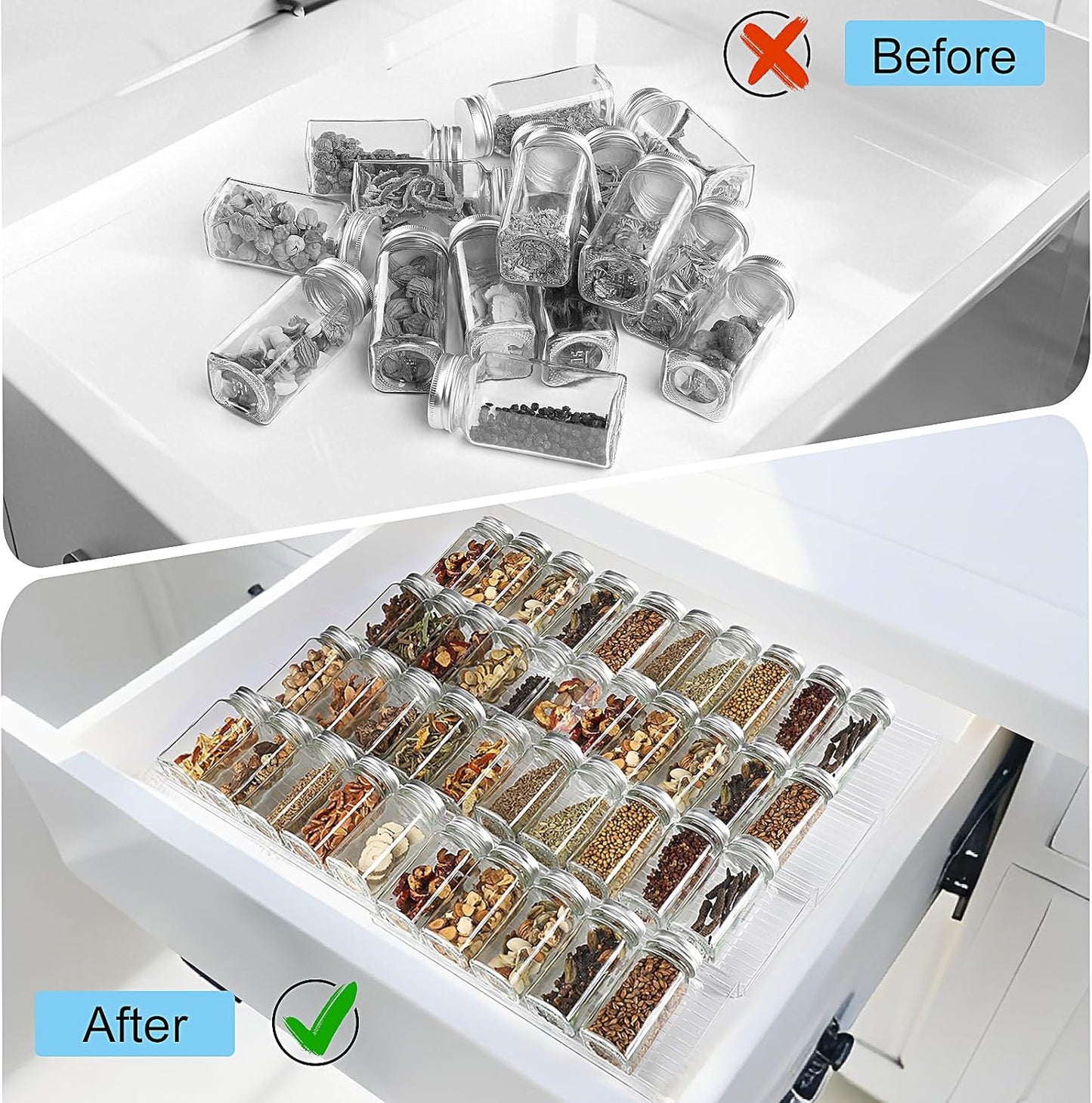 Spice Organizer for Drawer, 4 Pcs Clear Acrylic Drawer Seasoning Organizer, Expandable From 11'' to 22'' Spice Drawer Organizer, Ideal for Kitchen Spice Organization (Jars not included)