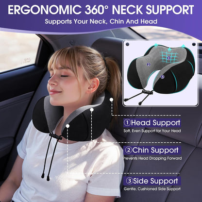 CloudBliss Neck Pillow for Airplanes, Memory Foam Travel Pillow, Black | Compact Flight Pillow with Eye Mask, Earplugs, Carry Bag, Travel Neck Pillow for Long Flight Sleep, Plane Travel Essentials