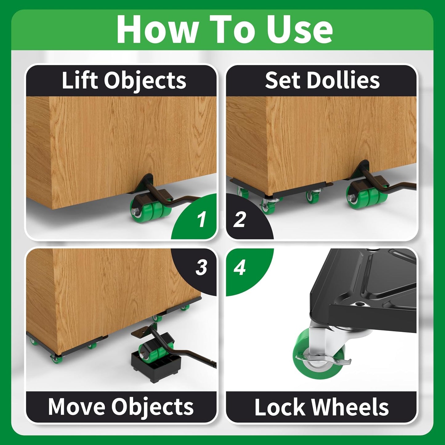 Heavy Duty Furniture Dolly 360 Rotate 5 Wheels 3000 Lbs Capacity 5.3x5.3 in | Furniture Movers with Green Wheels, Measure Tape & Leveler, Alloy Steel Furniture Lifter Tool for Smooth Home & Office Uses