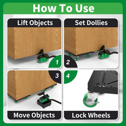 Heavy Duty Furniture Dolly 360 Rotate 5 Wheels 3000 Lbs Capacity 5.3x5.3 in | Furniture Movers with Green Wheels, Measure Tape & Leveler, Alloy Steel Furniture Lifter Tool for Smooth Home & Office Uses