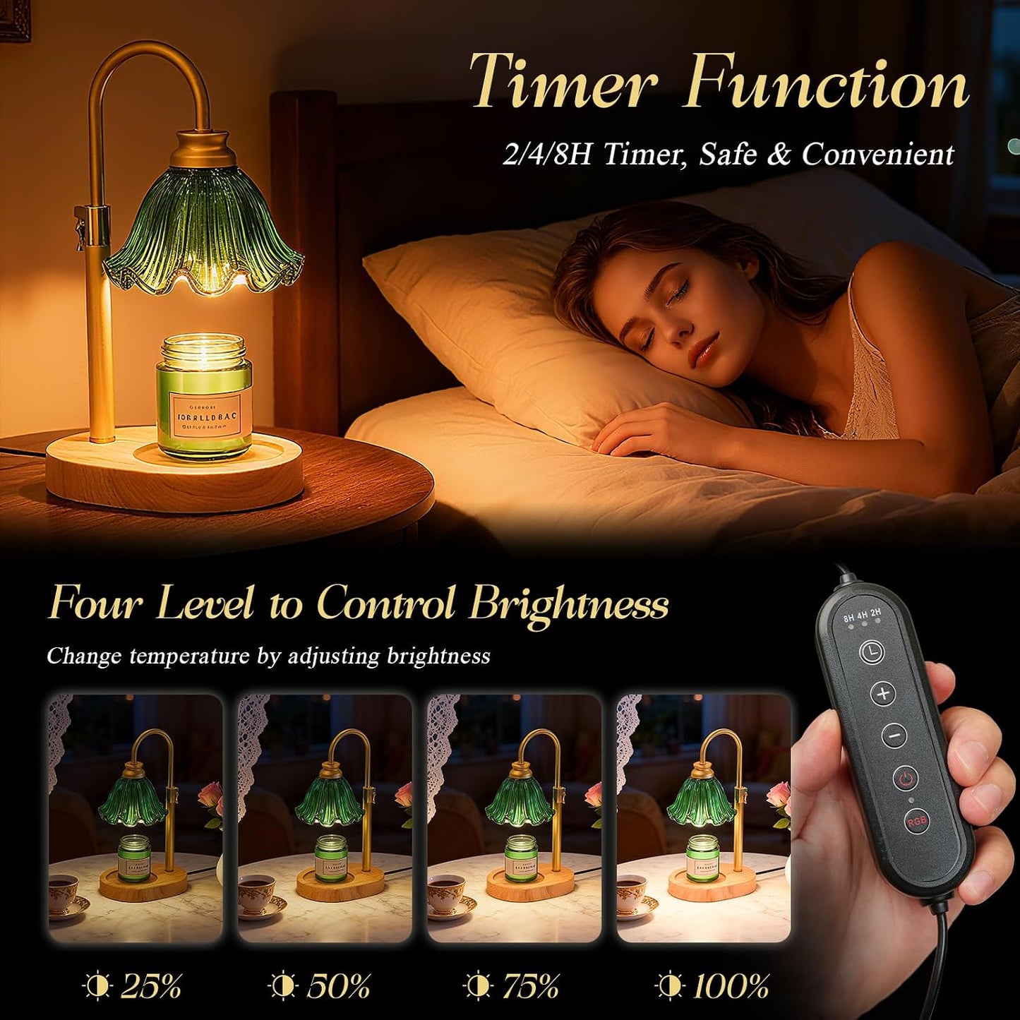Flower Candle Warmer Lamp,Adjustable Timer & Dimmer(Green) | Adjustable height fits jars. Timer & dimmer safe melt. 2 bulbs & heat-proof base. Perfect for bedroom, office, or gifting.