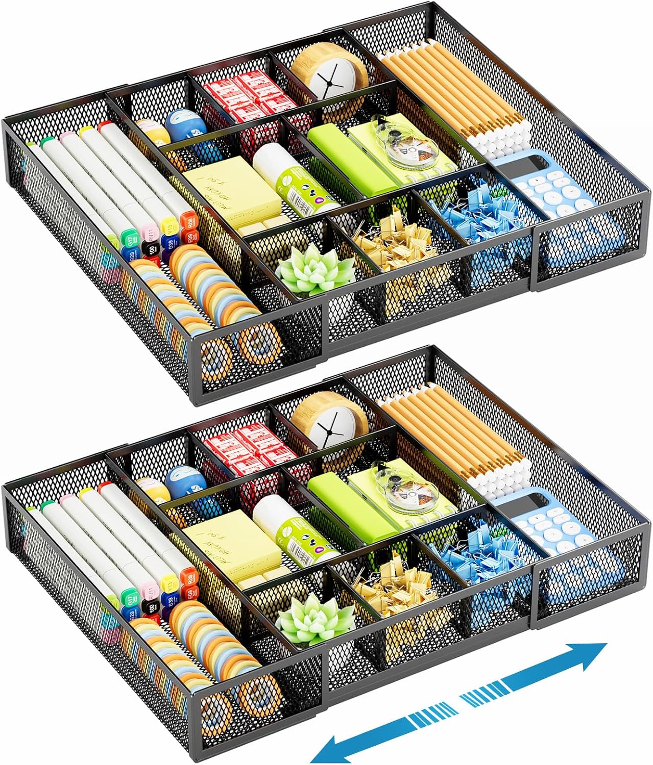 Marbrasse Expandable Desk Drawer Organizer, Mesh Drawer Organizer Tray with 10 Adjustable Compartments, Desk Organizers and Accessories, 5 Dividers Drawer for Office Supplies, Makeup & Vanity (Black)