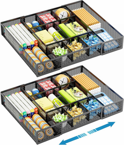 Marbrasse Expandable Desk Drawer Organizer, Mesh Drawer Organizer Tray with 10 Adjustable Compartments, Desk Organizers and Accessories, 5 Dividers Drawer for Office Supplies, Makeup & Vanity (Black)