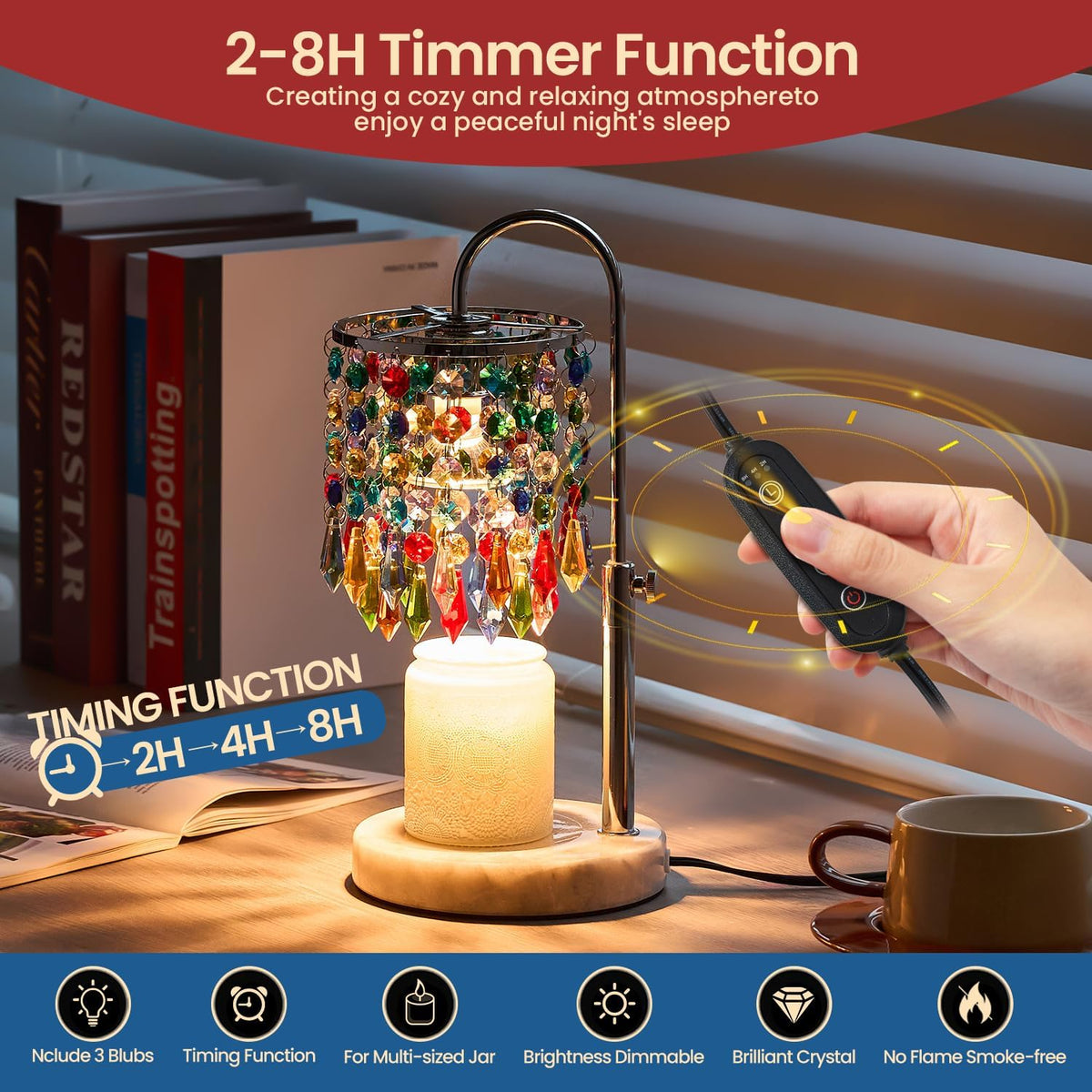 Candle Warmer Lamp with Timer Dimmer and 3 Bulbs, Candle Lamp Warmer with Marble Base for Adjustable Height, Crystal Candle Lamp for Jar Candles, House Warming Gifts Home Room Decor, Silver