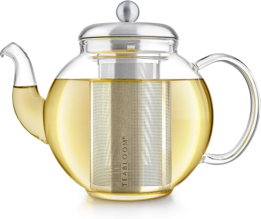 Teabloom Heritage Borosilicate Glass Teapot – 40 oz Classic Round Design with Stainless Steel Infuser – Stovetop Safe, Drip-Free Spout, Durable Heat-Resistant Tea Kettle for Loose Leaf or Teabags