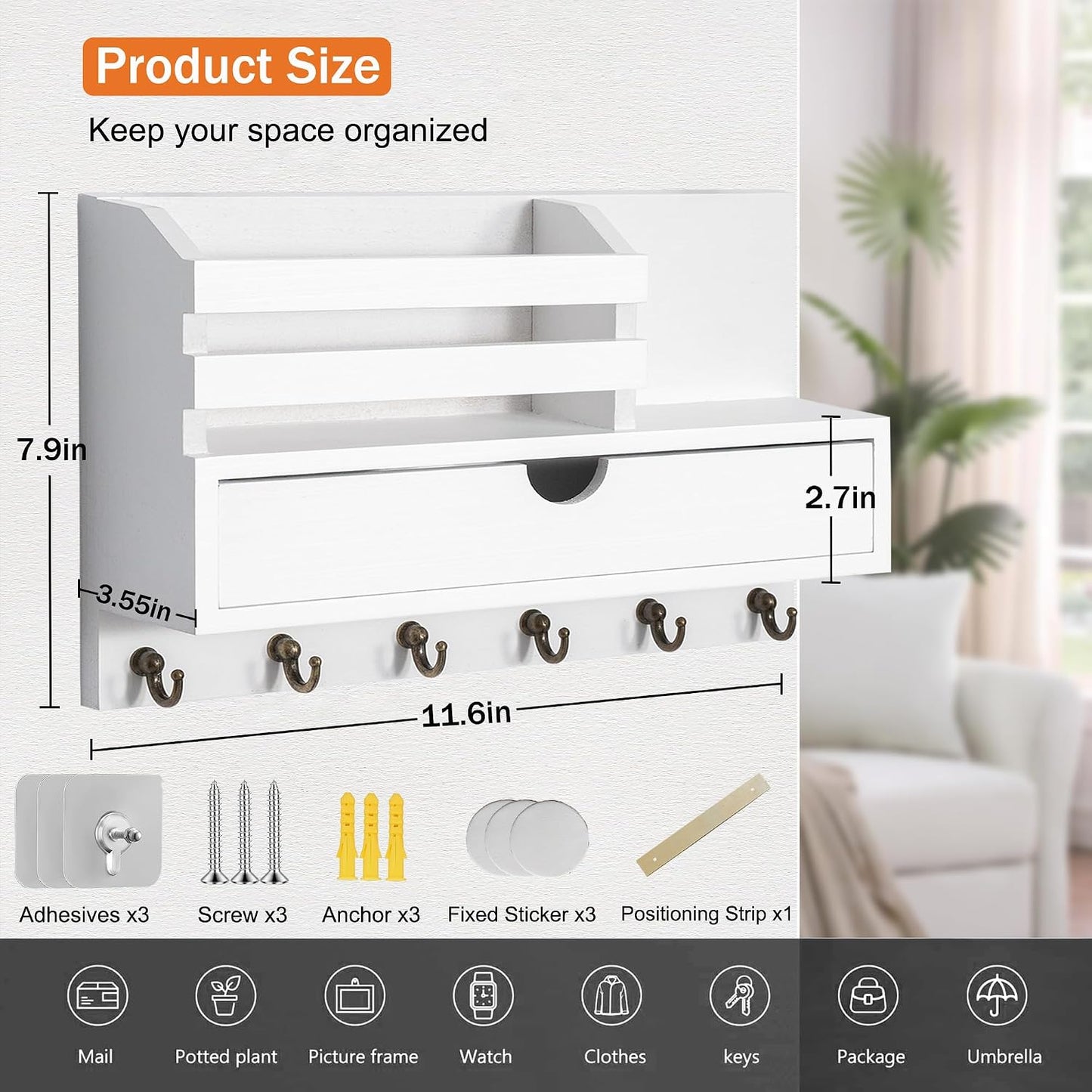 dreampossible Key and Mail Holder for Wall, Mail Organizer Wall Mount with 6 Hooks and Storage Drawer, Wooden Key Rack Hanger with Shelf for Entryway and Home Decor