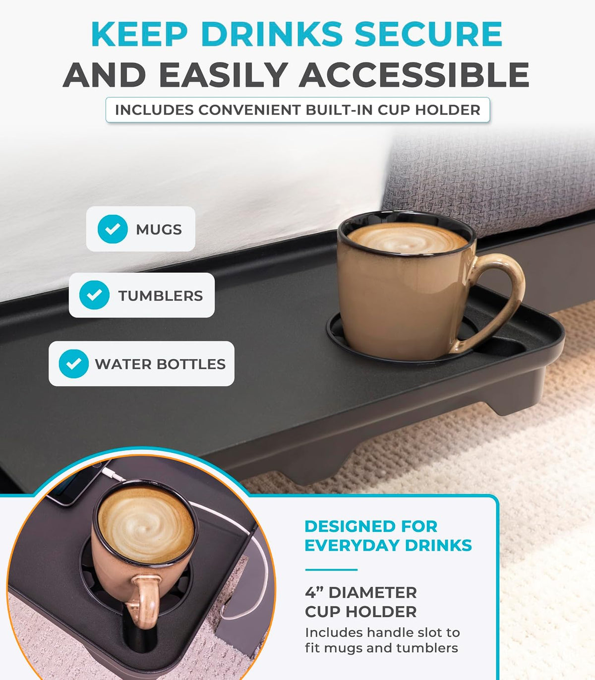 Stander Wonder Bedside Shelf, Bedside Caddy Organizer & Bunk Bed Shelf, Space-Saving Floating Nightstand for Seniors & Dorm Rooms, Bedside Tray Table with Phone Holder, Cup Holder & Cable Organizer