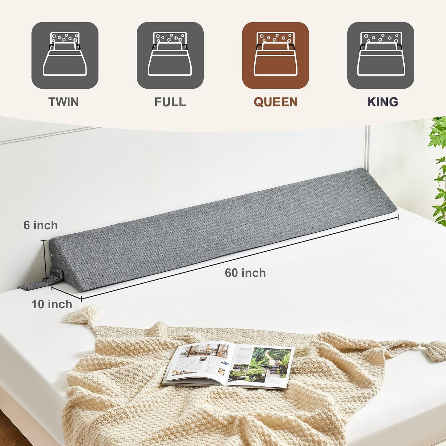 IFNOW Queen Size(60"x6"x10") Bed Wedge Pillow for Headboard, Mattress Gap Filler(0-8"), Bed Wedge for Gap Between Your Headboard and Mattress Dark Grey | High-Density Foam,Fills 0-8"Mattress Gap,Prevents Pillow & Items Falling,Works with Headboard or