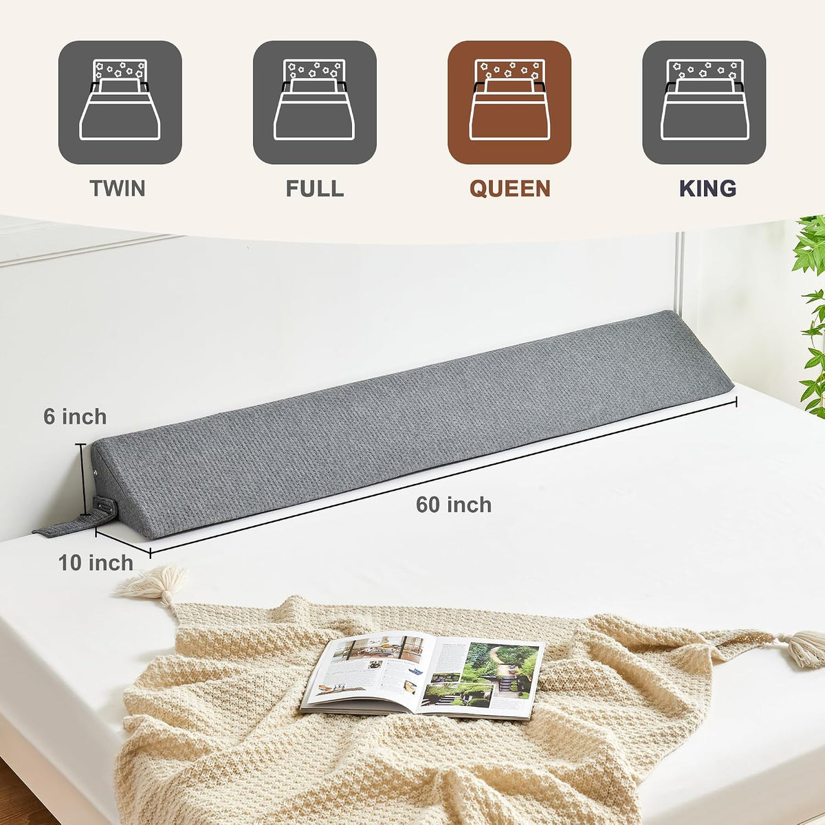 IFNOW Queen Bed Wedge Pillow(60"x6"x10"), Mattress Gap Filler 0-8", Grey
