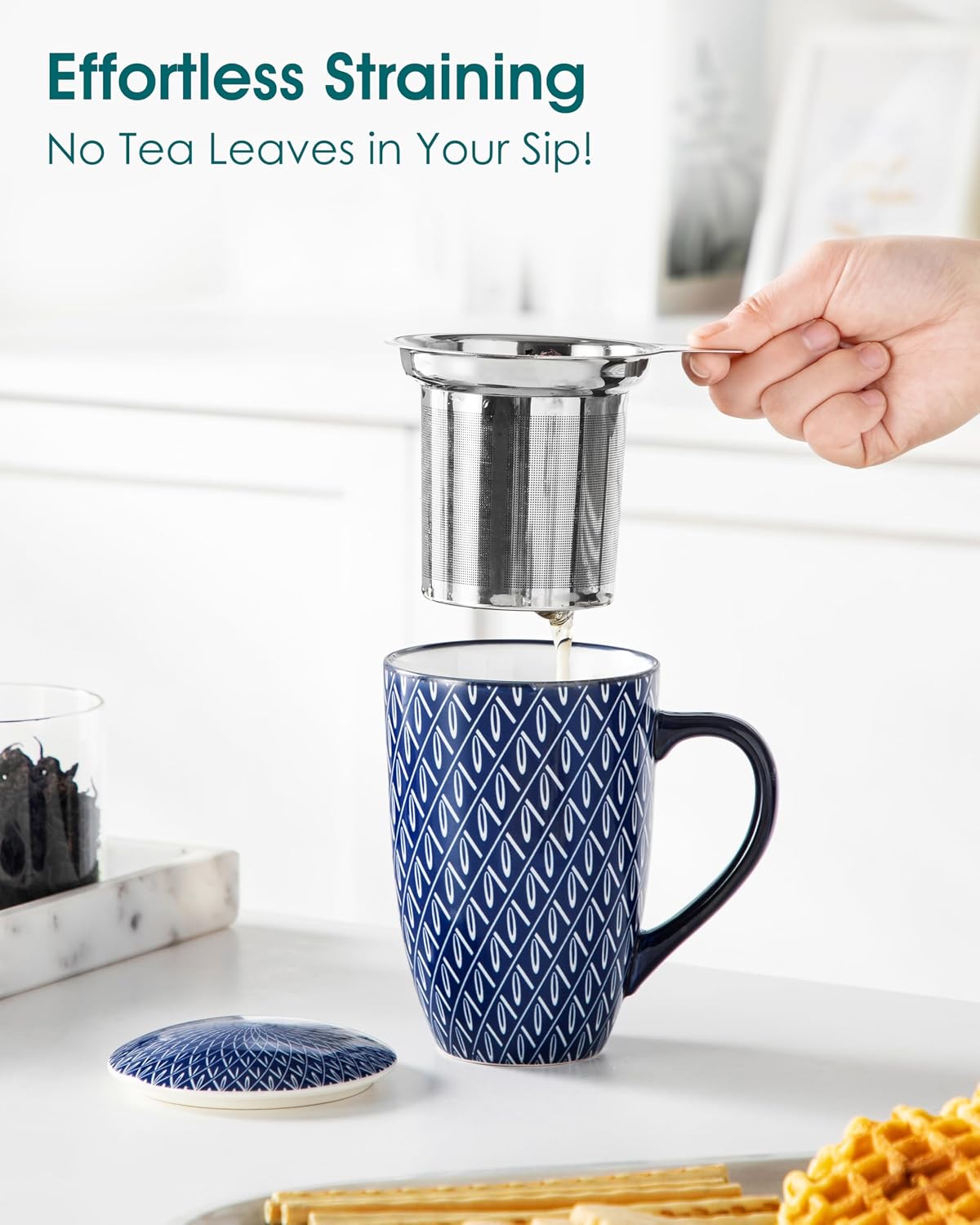 vancasso SELENE Porcelain Tea Mug, 18 oz Porcelain Tea Cup with Infuser and Lid Steeps Loose Leaf Tea, Microwave & Dishwasher Safe, Five-Leaf Clover