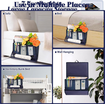 Bedside Caddy Organizer for Dorm Bed Rails with 7 Pockets, Gray | Bed Pockets Bedside Storage with Power Strip Holder & 2 Adjustable Straps for Home, College, Dorm, Hospital Bedside Organizer