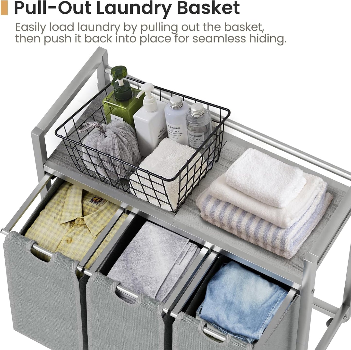 SwaaVee Laundry Sorter, Laundry Hamper 3 Section, 3×11.4Gal, Metal Frame Rolling Laundry Basket with Wooden Top Shelf, Pull out and Removable Laundry Bags, 3 Bags-Black