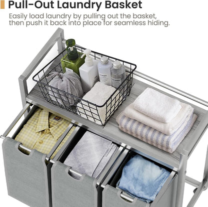 SwaaVee Laundry Sorter, Laundry Hamper 3 Section, 3×11.4Gal, Metal Frame Rolling Laundry Basket with Wooden Top Shelf, Pull out and Removable Laundry Bags, 3 Bags-Black