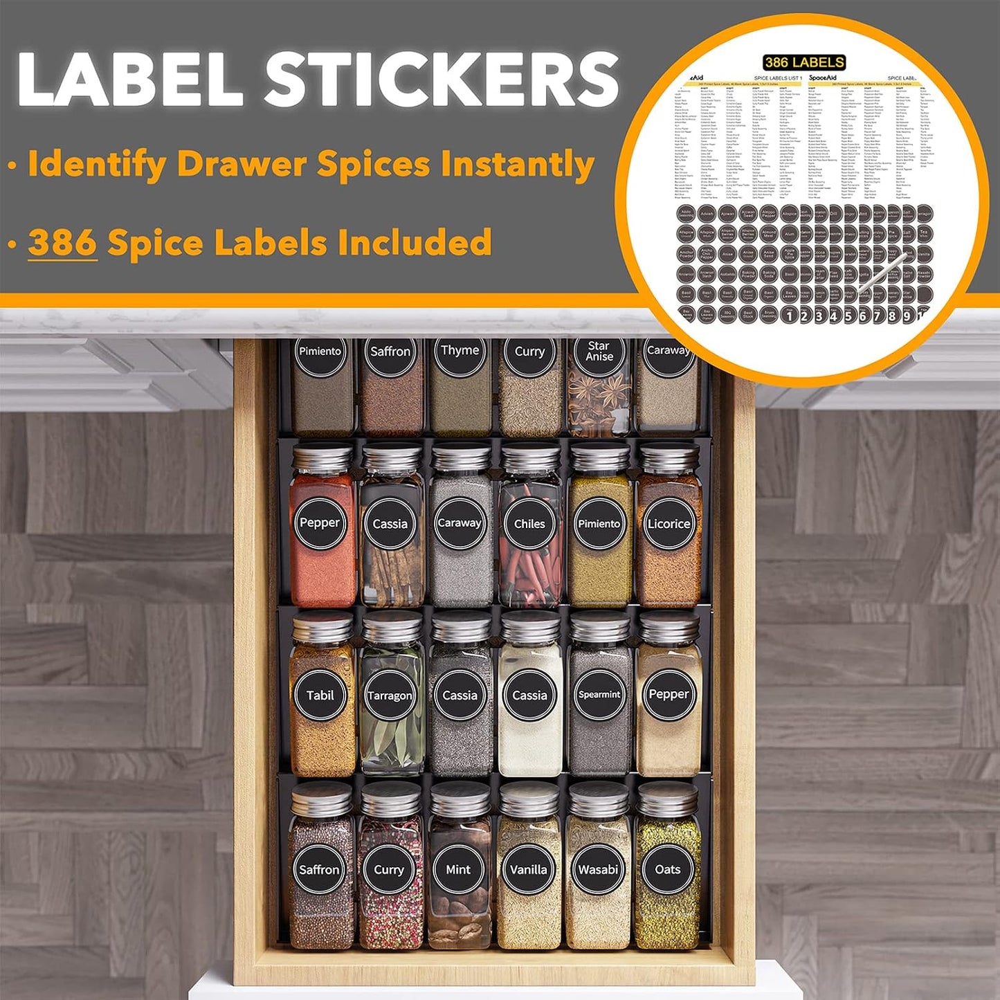 SpaceAid Spice Drawer Organizer with 28 Spice Jars, 386 Spice Labels, 4 Tier Seasoning Rack Tray Insert for Kitchen Drawers, 13" Wide x 17.5" Deep