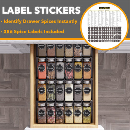 SpaceAid Spice Drawer Organizer with 28 Spice Jars, 386 Spice Labels, 4 Tier Seasoning Rack Tray Insert for Kitchen Drawers, 13" Wide x 17.5" Deep