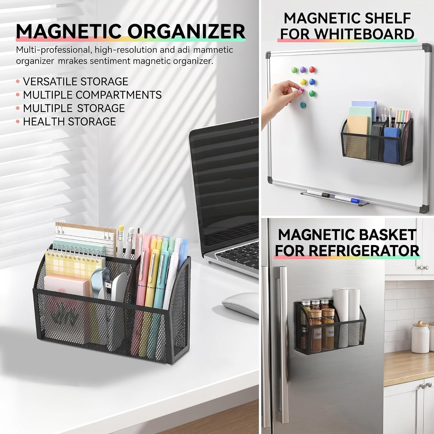 Magnetic Pencil Holder, Magnetic Organizer for Locker Accessories, Black | Mesh Marker Holder with Strong Magnets and 3 Compartments for Whiteboards Refrigerators and Magnetic Lockers