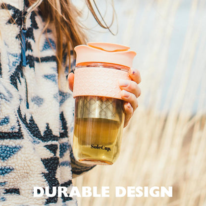 Large Travel Mug Loose Tea Infuser - Detachable Tea Strainer with Spill Proof Lid - 18oz/530ml BPA-Free Reusable Glass Travel Coffee Cup with Silicone Band (Ice Cream, 18oz)