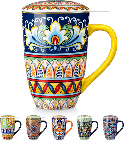 vancasso Ceramic Tea Mug with Infuser and Lid, 18 Ounce Bohemian Loose Leaf Cup, Microwave & Dishwasher Safe, Perfect for Tea, Coffee, Burnt-Cobalt Mandala