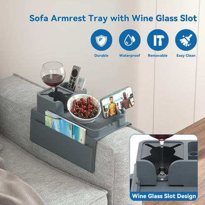 Couch Arm Cup Holder CLESOO Couch Arm Tray Anti-Slip Couch Cup Holder Silicone Sofa Armrest Tray Dual Side Pocket Couch Drink Holder Sofa Caddy Arm Remote Holder Snack Caddy with Phone Holder Blue