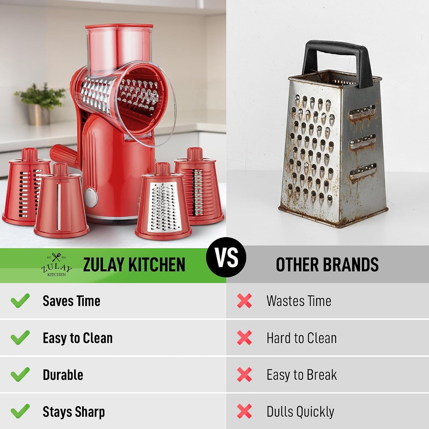 Zulay Kitchen Rotary Cheese Grater 5 Blade Cheese Shredder - Manual Hand Crank Cheese Grater With Reinforced Suction & 5 Interchangeable Drums - Easy to Use, Vegetable Chopper Round Mandoline Slicer - Colors B