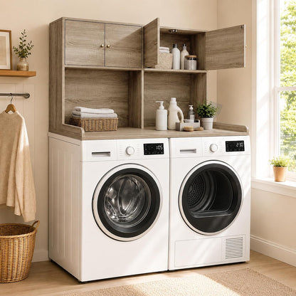 Washer Dryer Countertop with Cabinets, 2-Tier Laundry Countertop with Shelf | Washer and Dryer Topper with Edge, Over Washer and Dryer Shelves for Laundry Room, Universal Fit, 54.5"Wx27.5"Dx32.5"H