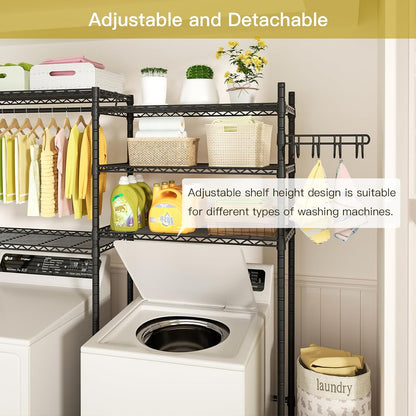 U5 Over the Washer and Dryer Storage Shelf, Laundry Room Space Saver | Bathroom Storage and Organizer Rack for Hanging Towel and Drying Clothes with 5 Wire Shelves, Black