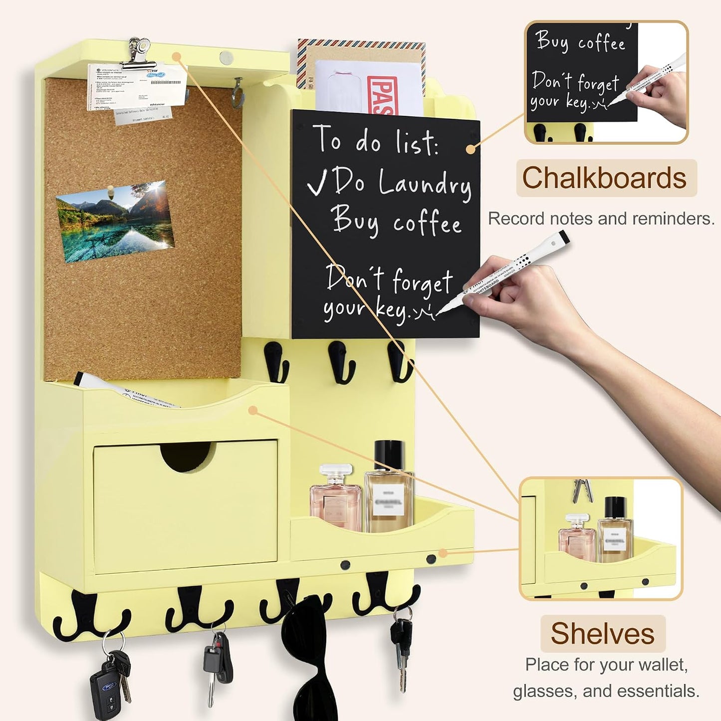 Key Holder for Wall Mount with Shelf and Mail Organizer, Key and Mail Holder with 16 Hooks, Farmhouse Entryway Organizer, Home Decor Rack (Pine Wood, White Washed)