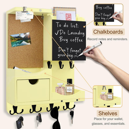 Key Holder for Wall Mount with Shelf and Mail Organizer, Key and Mail Holder with 16 Hooks, Farmhouse Entryway Organizer, Home Decor Rack (Pine Wood, White Washed)