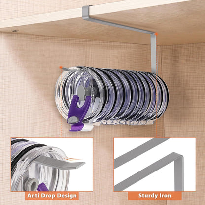 Tumbler Lid Organizer, Versatile Tumbler Lid Storage Holds 10 Lids, Black | Space Saving Cup Lid Organizers Inside Cabinet Tumbler Lid Hook for Kitchen Organizer and Storage, Paper Towel Rack Hanger