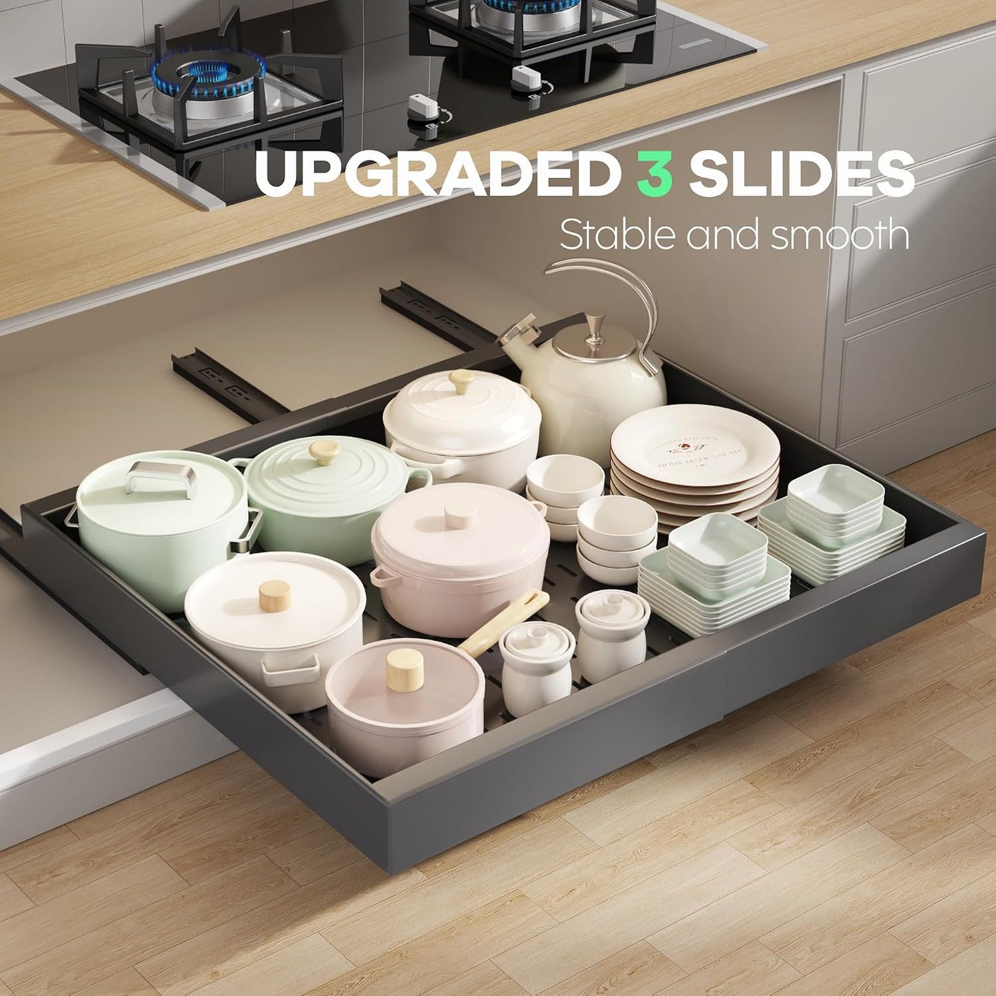 Seinloes 2Pack Pull out Cabinet Organizer 21"Deep with 4 Adjustable Dividers,Expandable（12.1"-20.4"W） Pots and Pans Organizer Under Cabinet with Raising Pad for Framed Cabinets,Slide out Drawers,White