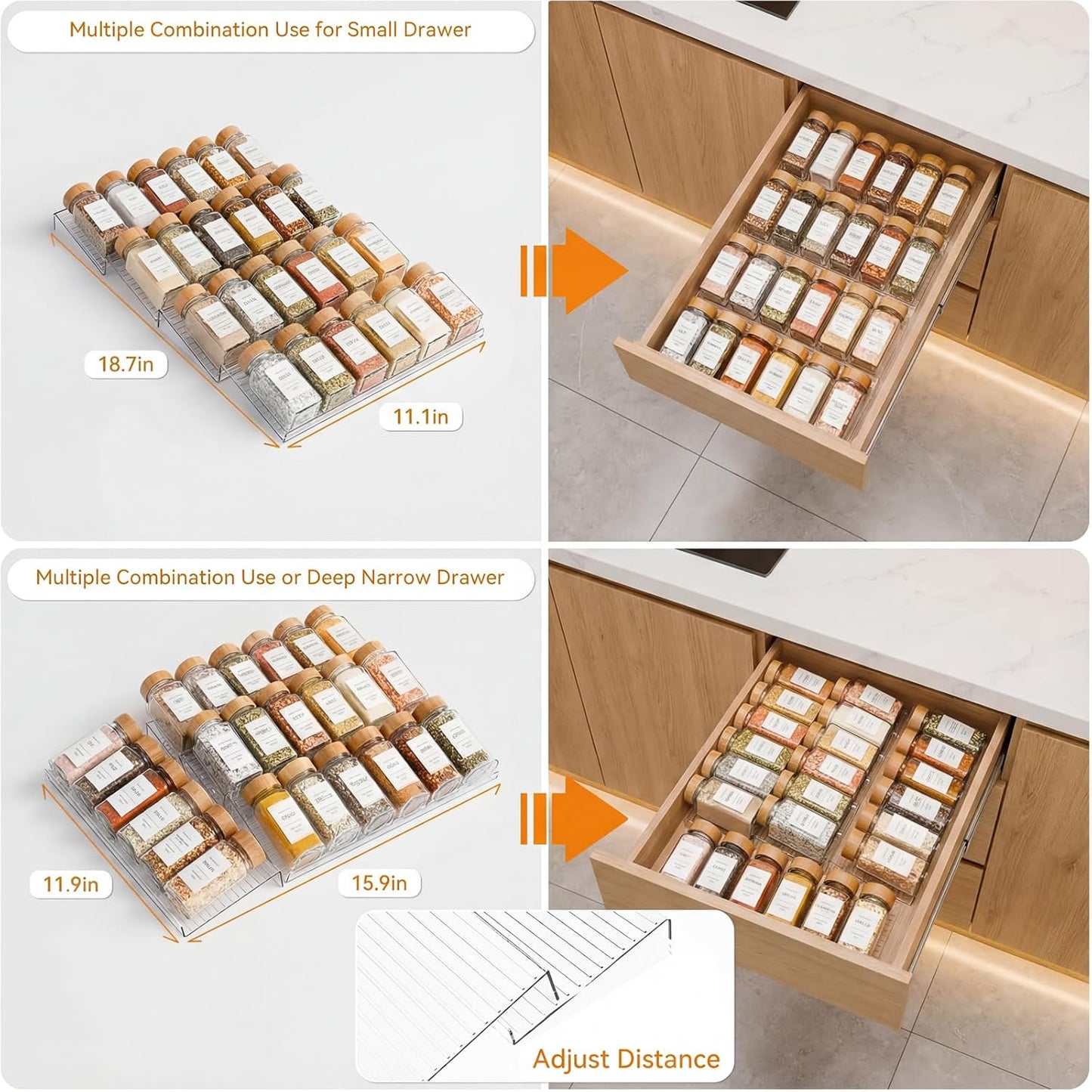 8 Pack Adjustable Spice Rack for Drawer- Expandable From 11" to 22" Expandable Spice Drawer Organizer 4 Tiers Acrylic Seasoning Organizer Rack,Clear Spice Rack Tray for Spices,Condiment (8)
