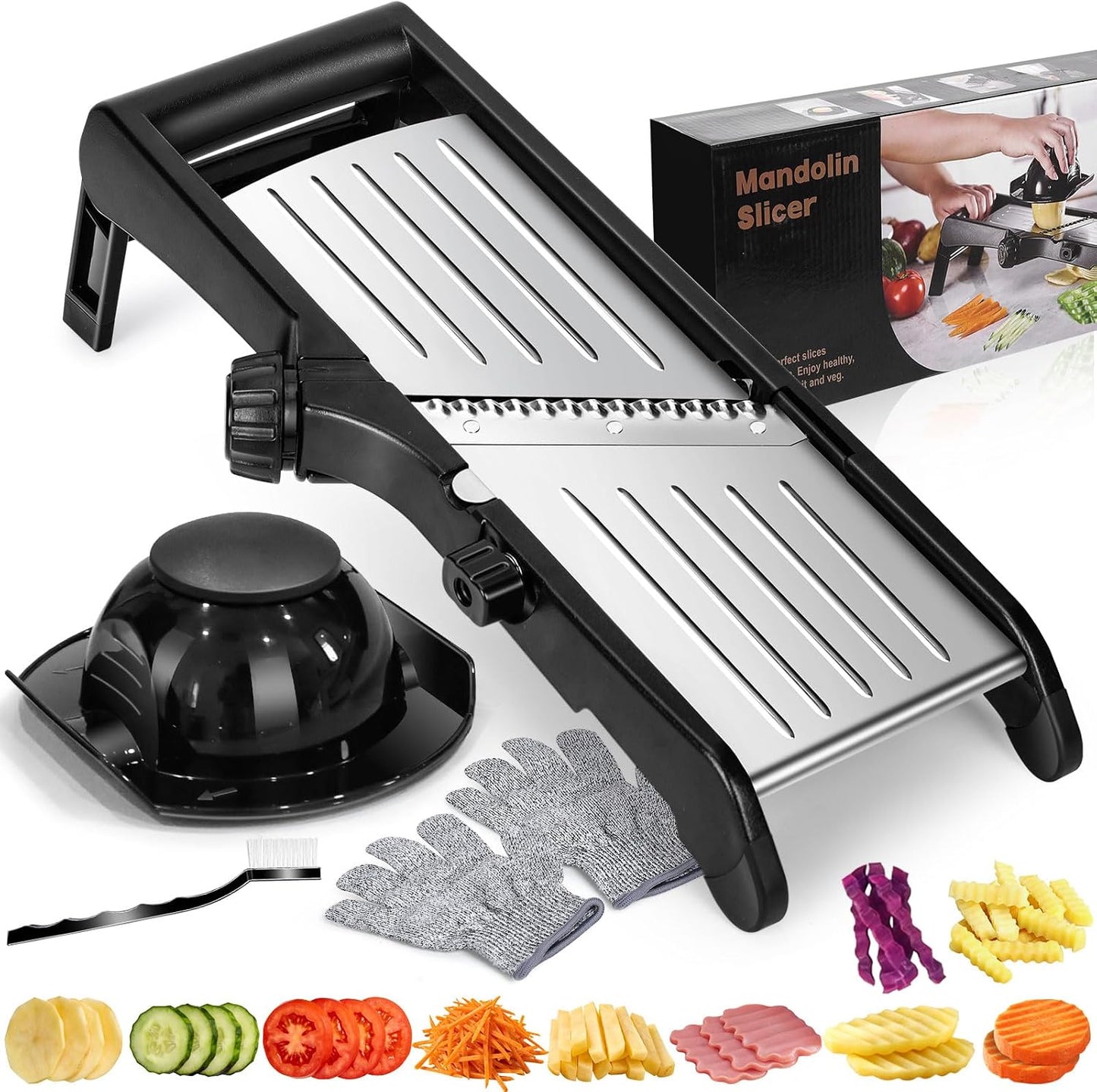 MASTERTOP Mandoline Slicer, 5 in 1 Mandoline Food Slicer, Dishwasher Safe | Stainless Steel Mandoline Slicer, Adjustable Vegetable Slicer for Fruit, Cheese, Send Cut Proof Gloves & Cleaning Brush