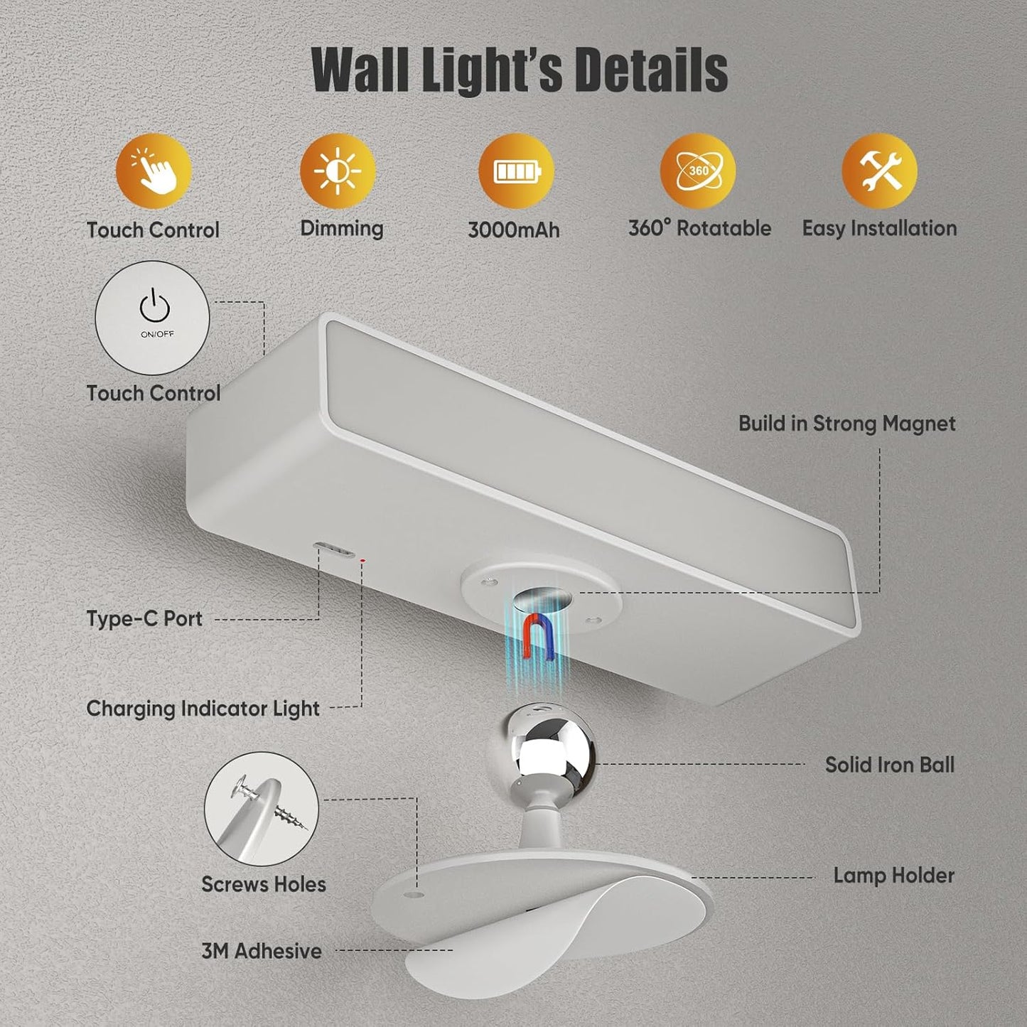 Wireless Wall Sconces 2 Pack, Rechargeable Reading Light for Bed Dimmable | Battery Operated Wireless Wall Light for Bedroom Adjustable Brightness Magnetic 360° Rotation Indoor Black or White