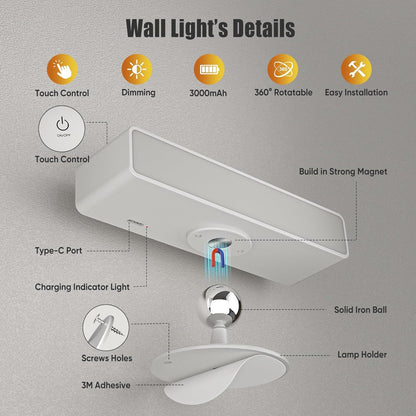 Wireless Wall Sconces 2 Pack, Rechargeable Reading Light for Bed Dimmable | Battery Operated Wireless Wall Light for Bedroom Adjustable Brightness Magnetic 360° Rotation Indoor Black or White